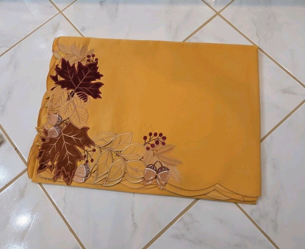 Evermaple Gold Embroidered Fall Leaves Tablecloth 60" x 84" Scalloped Cutwork